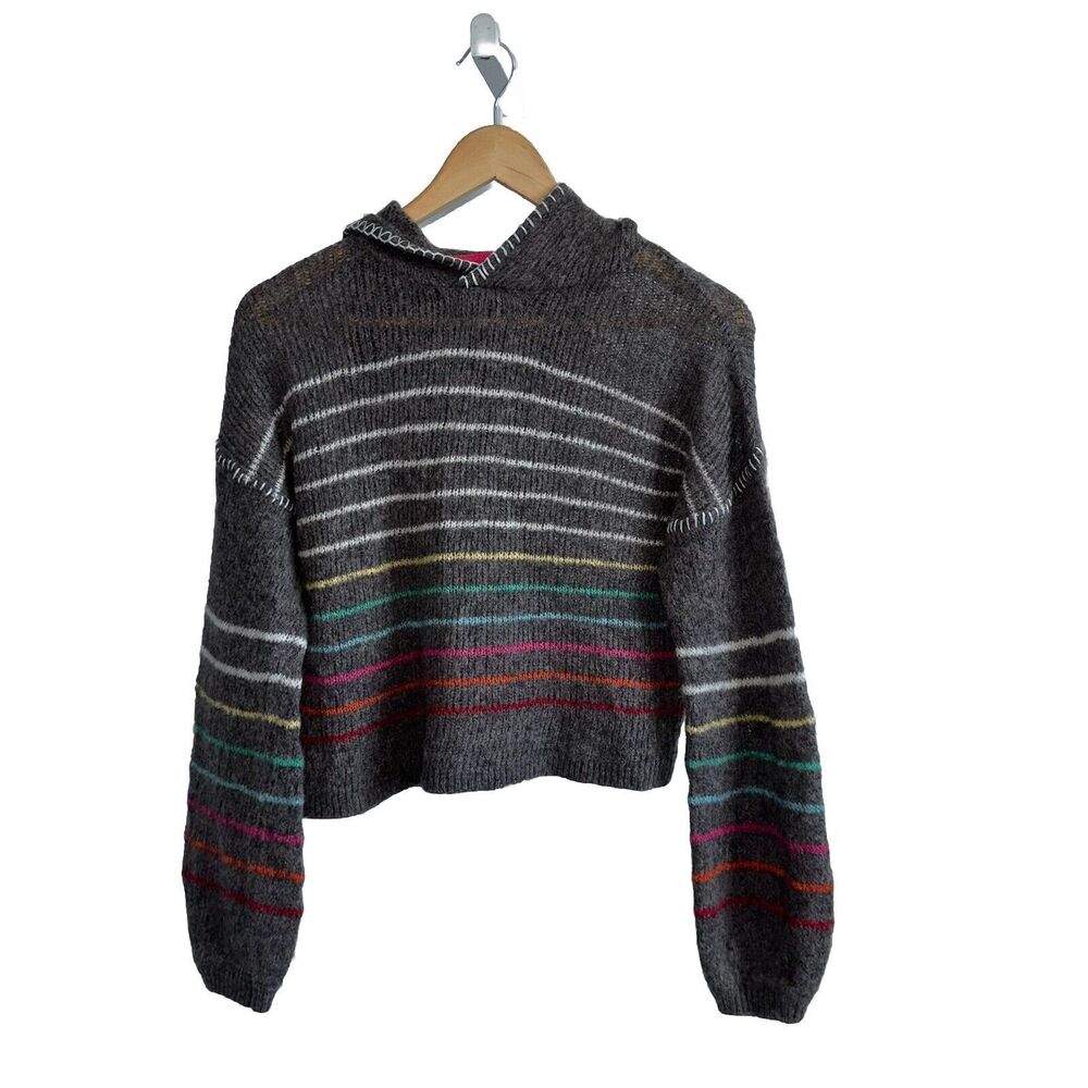 Sundry Striped Wool Cashmere Hooded Sweater Size Medium Rainbow Jumper Crop